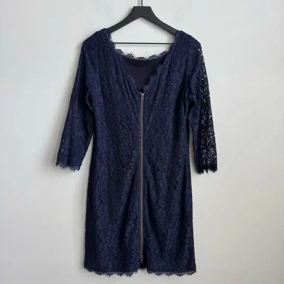 Diane Von Furstenberg Zarita Lace Dress in Navy Blue Size 14 - Picture 8 of 13